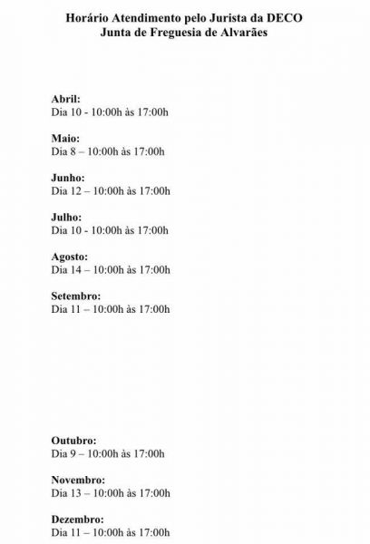 Hor&aacute;rio de atendimento do Jurista da DECO na Sede da Junta de Freguesia.